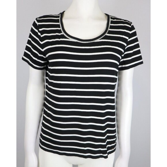 TOMMY HILFIGER - WOMEN'S BLACK AND WHITE STRIPED SHORT SLEEVE TOP -SIZE M - Picture 1 of 9